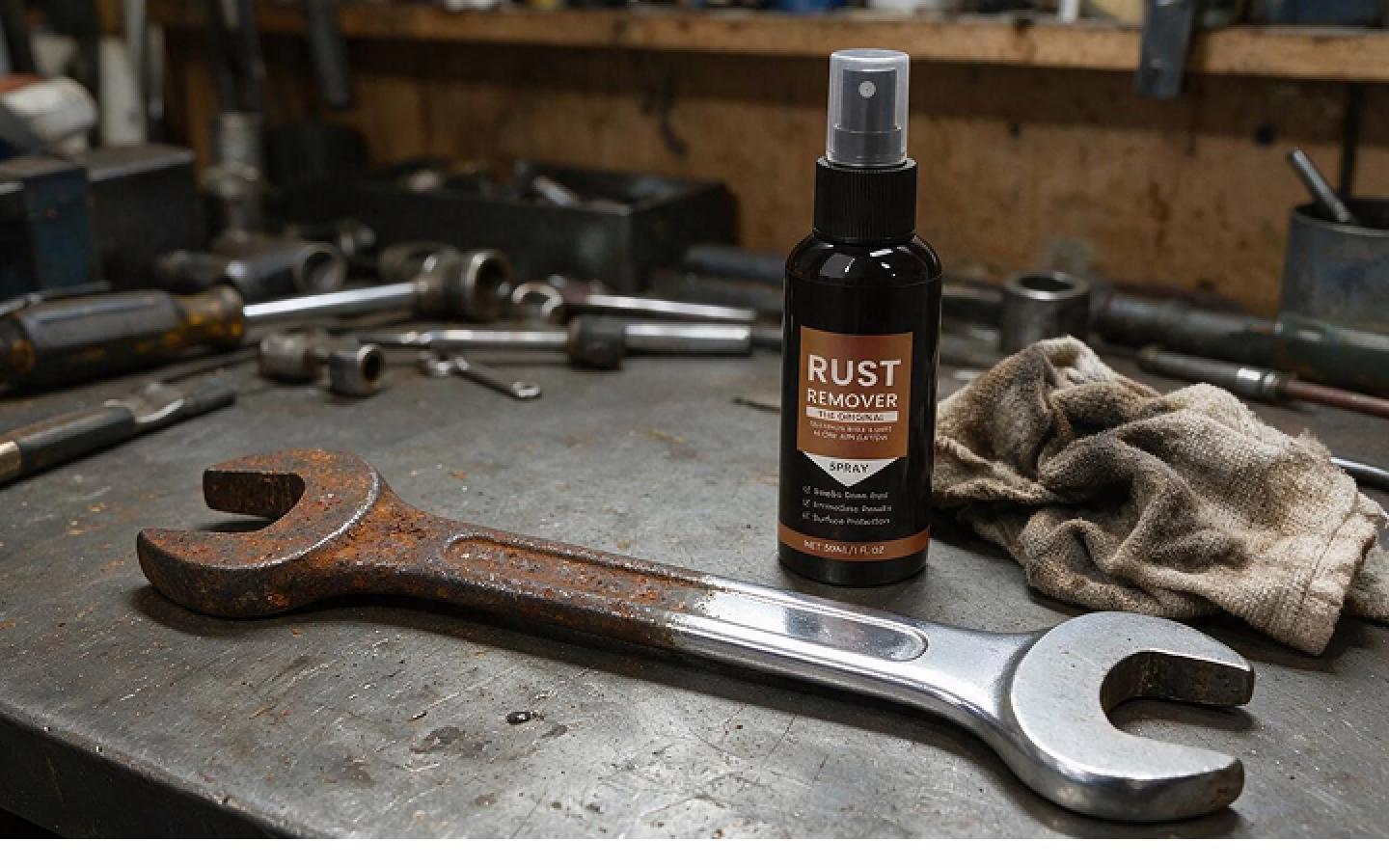 Rust remover spray on a workbench
