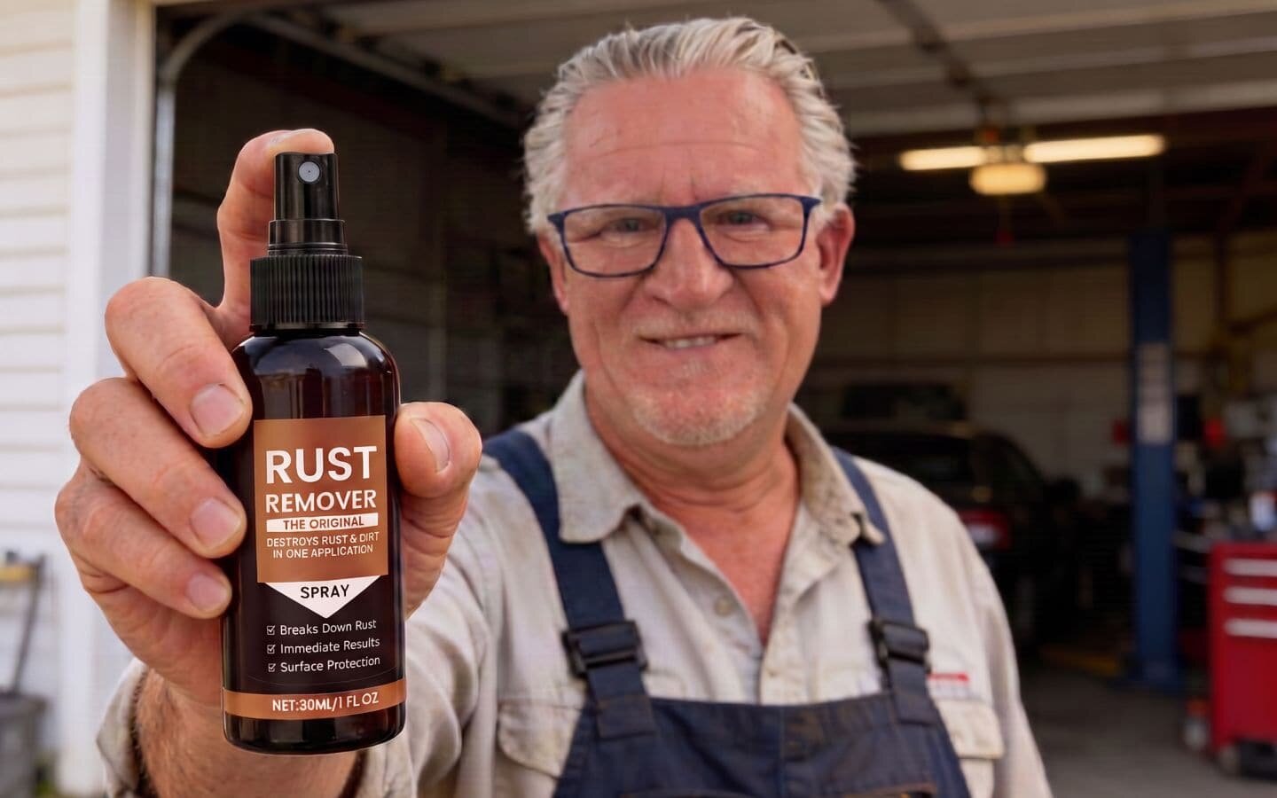 Retired shop owner holding the rust remover spray